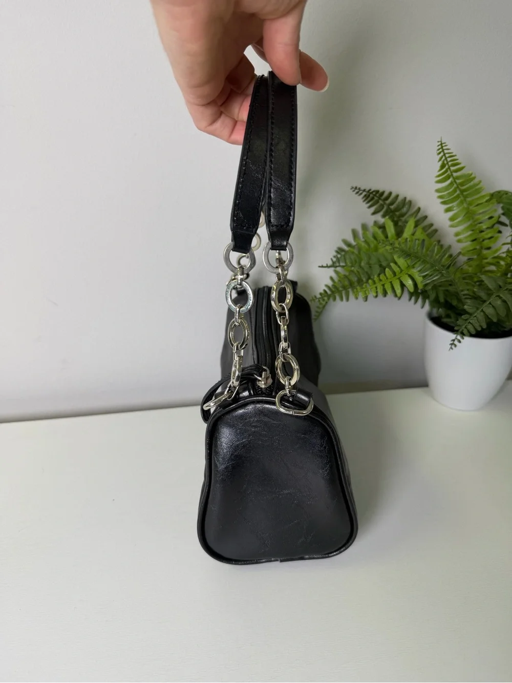 Black Faux Leather with Silver tone Chain-Accent Shoulder Bag